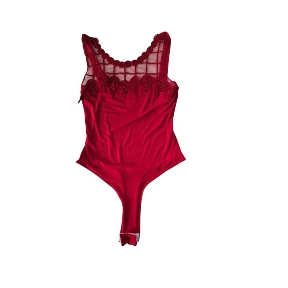 Vintage Rhapsody USA Red Mesh‎ Rosette Bodysuit Sleeveless 1041 Mens M